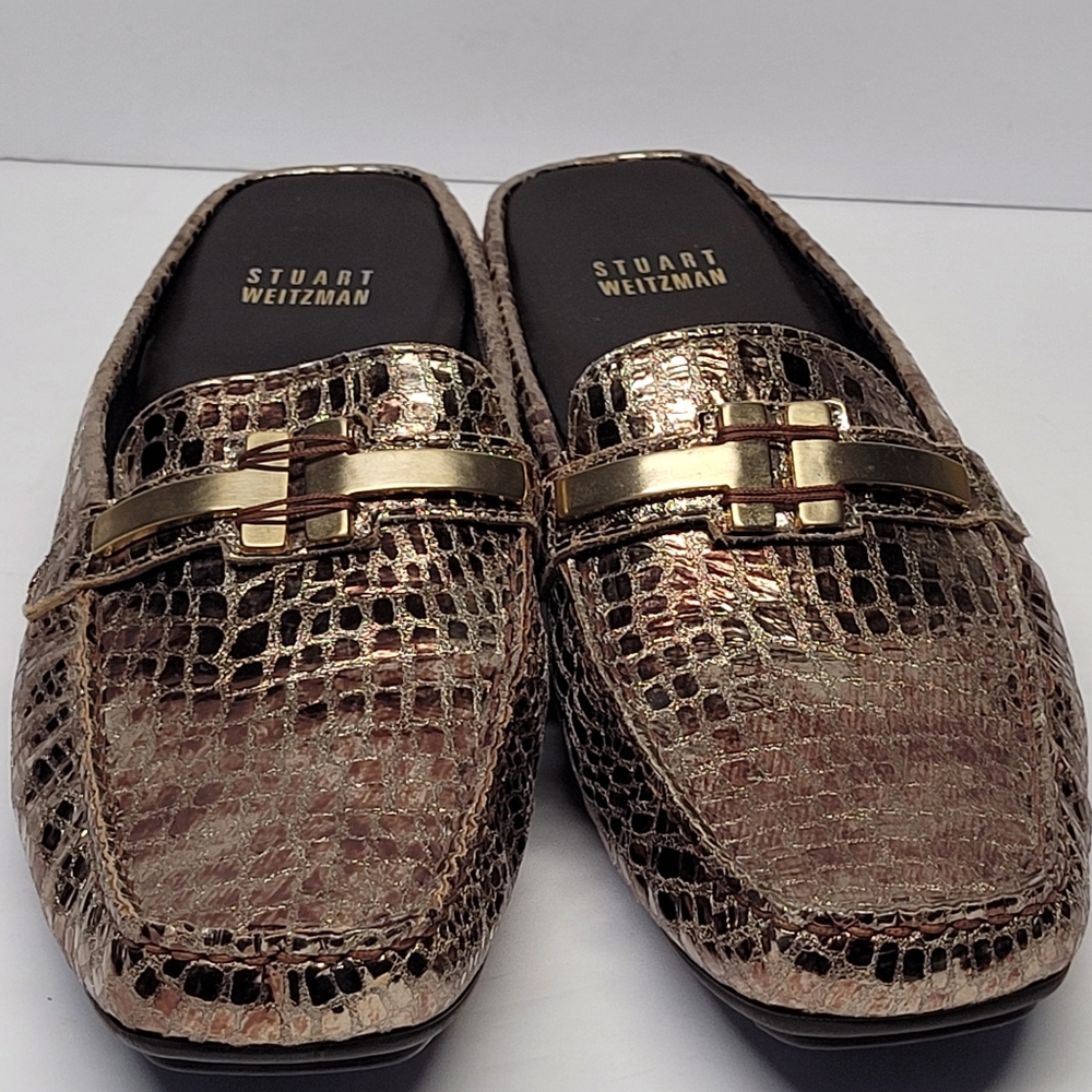 Stuart Weitzman Metallic Gold Snake-Embossed Loafers Mules
